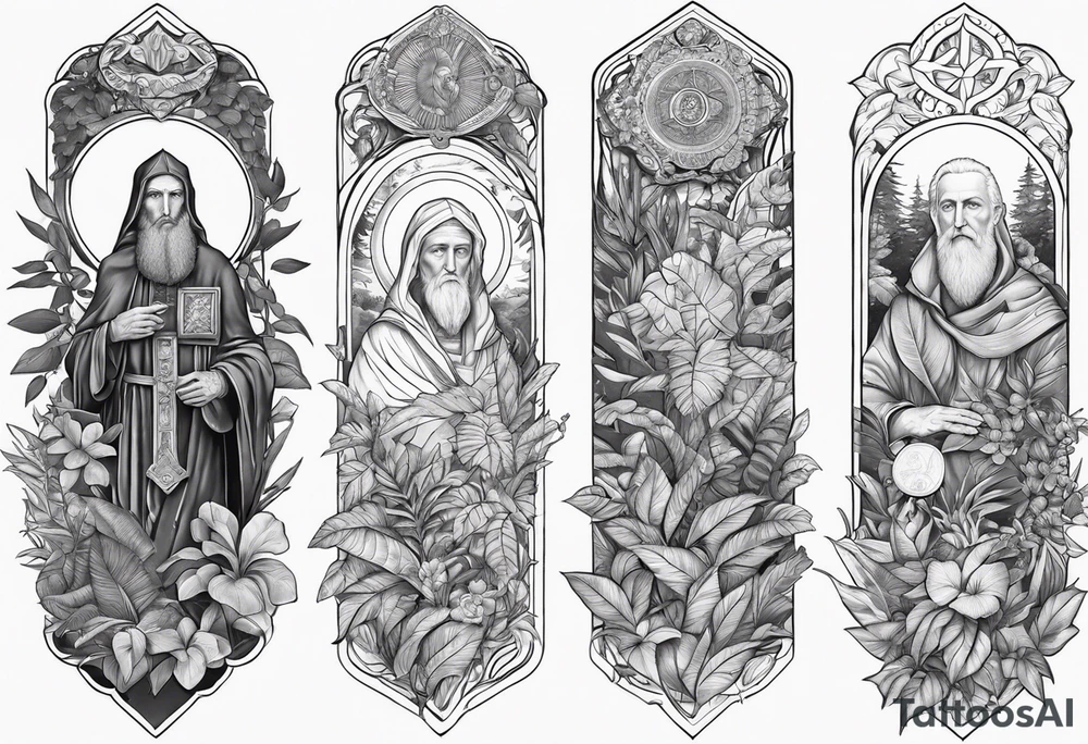 full arm sleeve tattoo with St. Benedict Medal surrounded by jungle plants tattoo idea