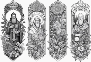 full arm sleeve tattoo with St. Benedict Medal surrounded by jungle plants tattoo idea