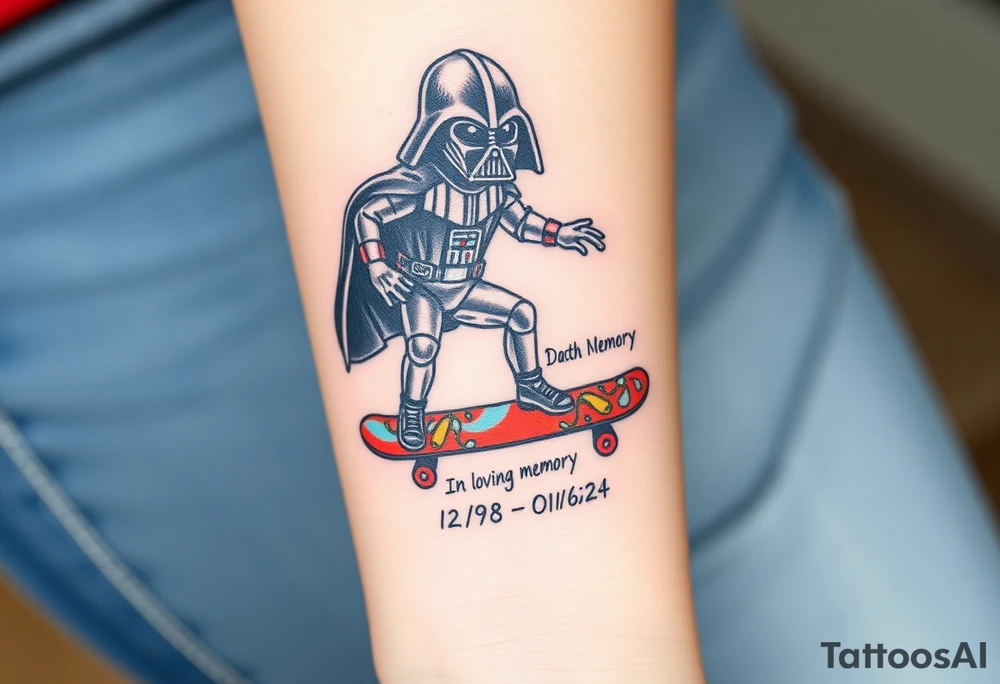 Darth Vader skateboarding > bullets > in loving memory
colorful
skateboard words "Darth Carter"
add date 12/29/88-01/06/24 tattoo idea