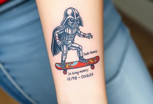 Darth Vader skateboarding > bullets > in loving memory
colorful
skateboard words "Darth Carter"
add date 12/29/88-01/06/24 tattoo idea