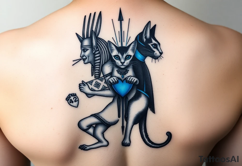 "Anubis split into two entangled versions:  
1. Ancient (holding papyrus with '42')  
2. Cyber (with quantum server instead of a heart)  
Between them: Schrödinger’s cat as a hologram.  

Style: Double exposure tattoo. Black/blue. Back piece." tattoo idea