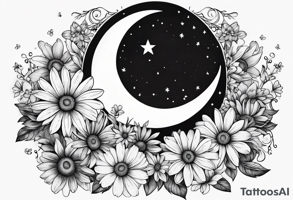 Crescent moon shrouded by beautiful daisies tattoo idea