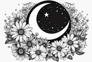 Crescent moon shrouded by beautiful daisies tattoo idea