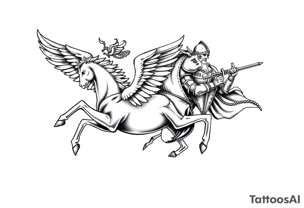 Greek mythology, Zeus with a flying Pegasus and a armored knight sleeve tattoo idea