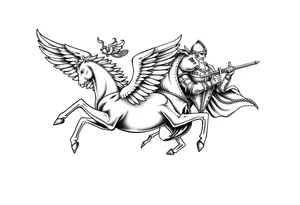 Greek mythology, Zeus with a flying Pegasus and a armored knight sleeve tattoo idea