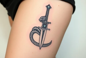mystical snake coiled around an ancient dagger with jeweled hilt tattoo idea