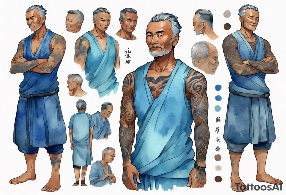 a handsome brown-skinned middle-aged man with short salt-and-pepper hair wearing a blue tunic tattoo idea