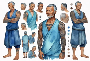 a handsome brown-skinned middle-aged man with short salt-and-pepper hair wearing a blue tunic tattoo idea