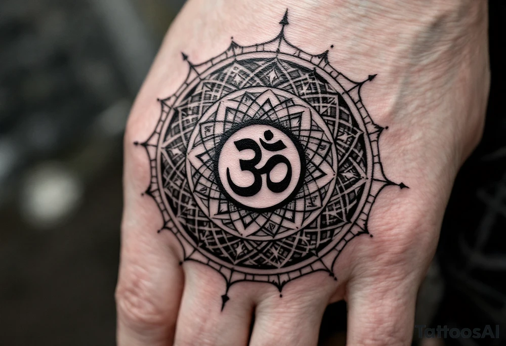 8 point wheel of Dharmachakra with an ohm symbol in the middle tattoo idea