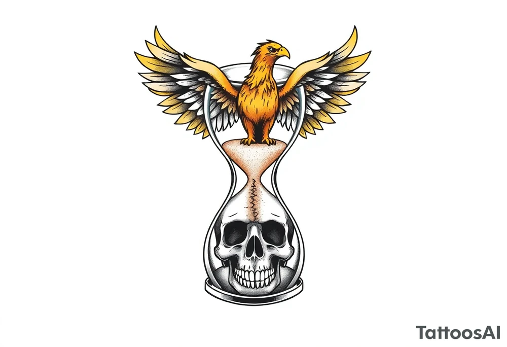 A cracked hourglass with the sands forming a skull below and a phoenix rising from the top. tattoo idea