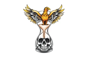 A cracked hourglass with the sands forming a skull below and a phoenix rising from the top. tattoo idea