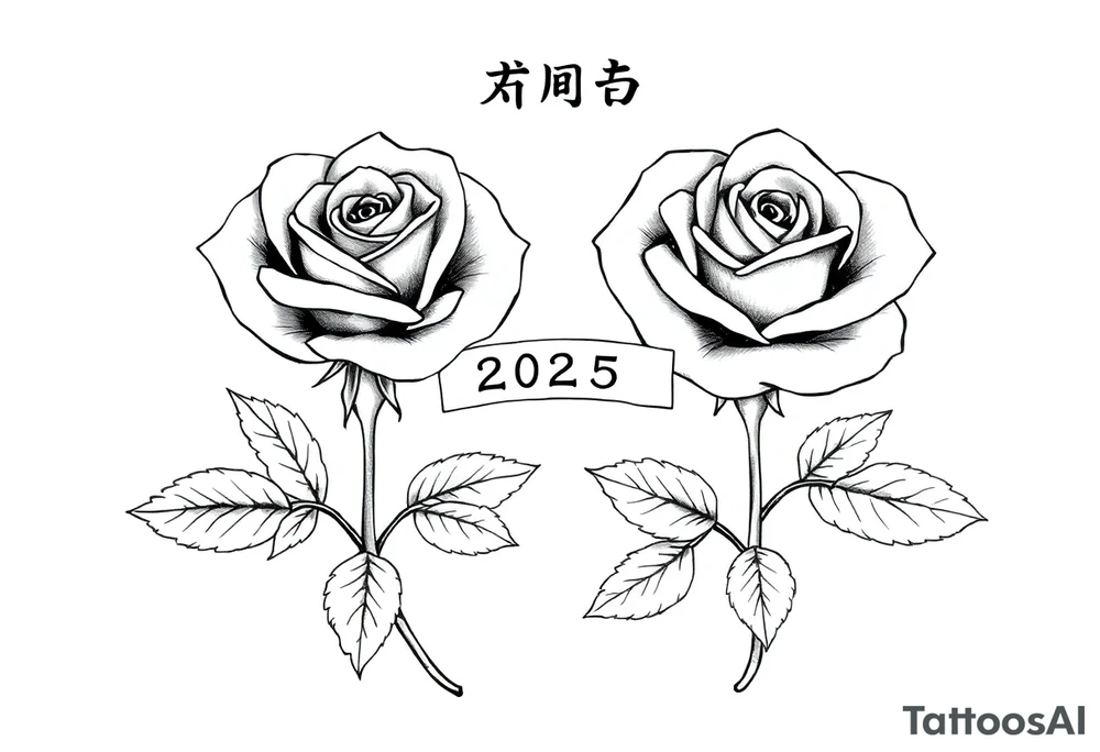 two beautiful rose buds, side by side, with many leaves and their stems intertwined, representing two people in love. Include a banner connecting the two roses with "2025" on it.  The word "Rose" written in Kanji above the drawing.  Dark outlines with little shading tattoo idea