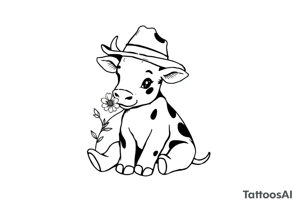 cute black and white baby cow sitting wearing a cowboy hat with a flower in mouth tattoo idea