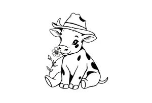 cute black and white baby cow sitting wearing a cowboy hat with a flower in mouth tattoo idea