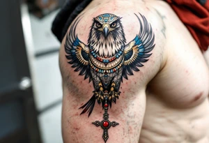 An Egyptian Falcon (Horus) Carrying a Rosary (only red, blue and black are possible colors) tattoo idea