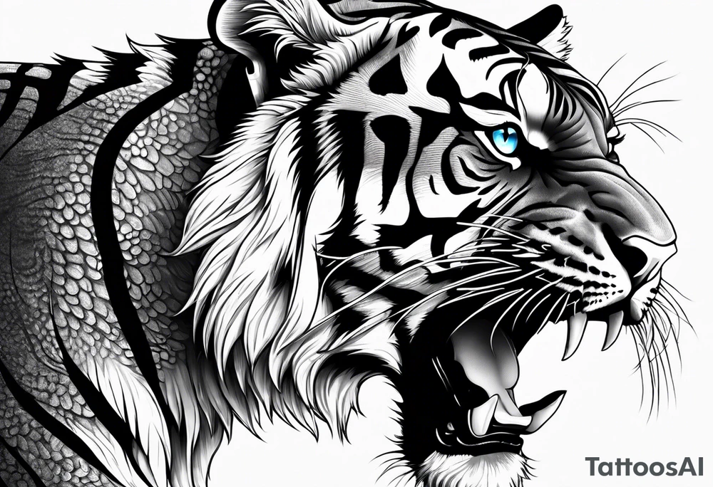 Tiger with blue eyes that turns into a snake tattoo idea Tiger with blue eyes that turns into a snake tattoo idea