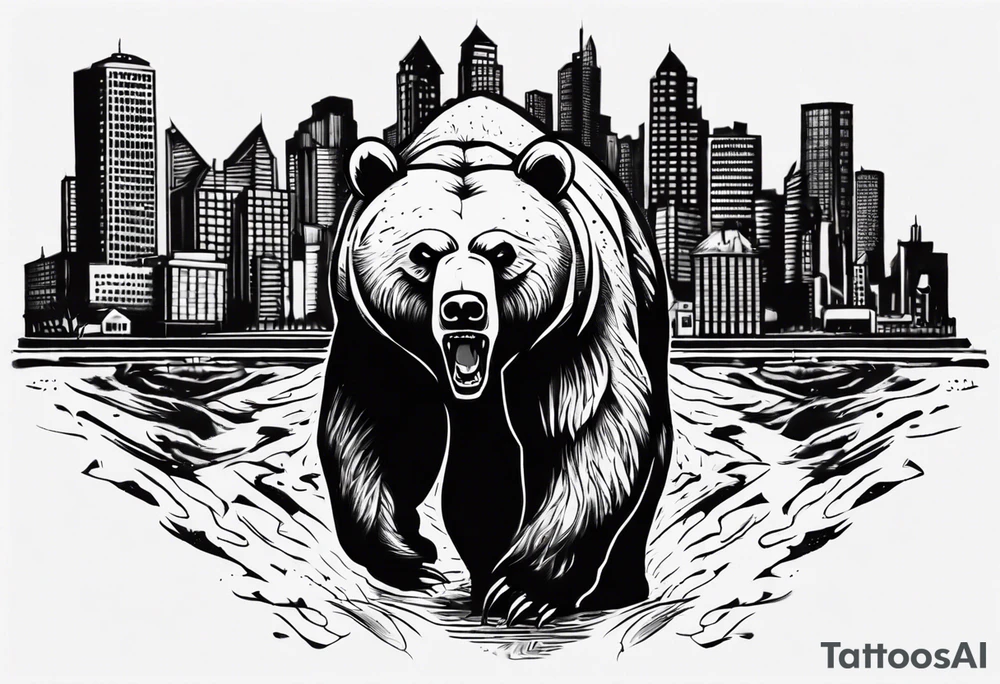 Serious bear coming up behind a city tattoo idea