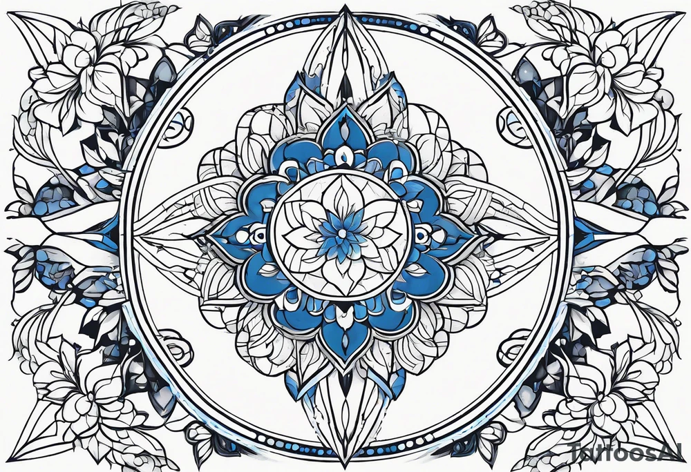 Linear minimalistic metatron , with abstract floral patern in blue linear design tattoo idea