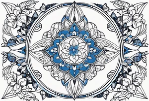 Linear minimalistic metatron , with abstract floral patern in blue linear design tattoo idea