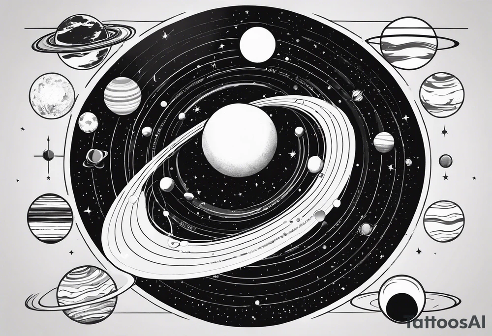 an accurate depiction of our solar system with each planet named in a sleeve tattoo format, minimalistic with thin lines and a lot of empty unfilled space tattoo idea