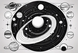 an accurate depiction of our solar system with each planet named in a sleeve tattoo format, minimalistic with thin lines and a lot of empty unfilled space tattoo idea