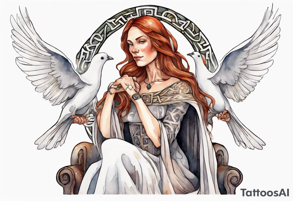 a 45-year-old medieval woman with auburn hair wearing a white feather cloak sitting on a throne with one dove on her shoulder tattoo idea