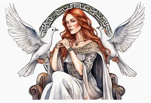 a 45-year-old medieval woman with auburn hair wearing a white feather cloak sitting on a throne with one dove on her shoulder tattoo idea