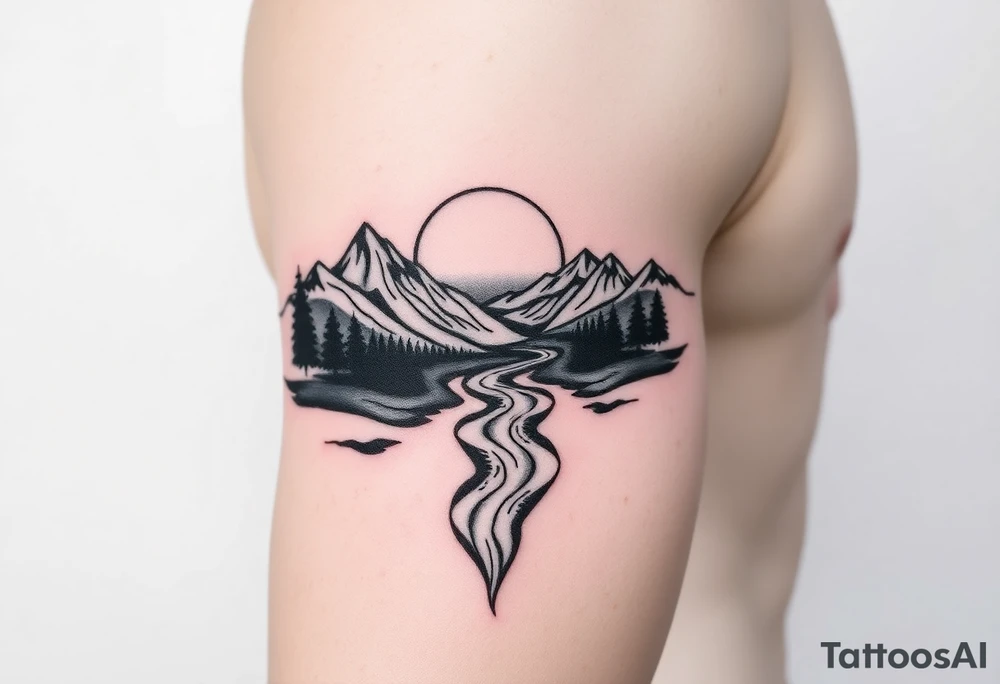 Mountains with river and sunset tattoo idea