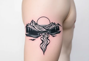 Mountains with river and sunset tattoo idea