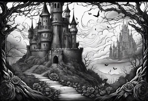 tattoo fool sleeve, destroyed dark gothic castle, tree roots break out of the chains, roses tattoo idea