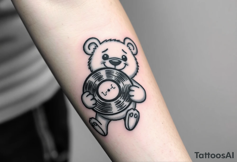 happy cartoon bear holding a vinyl record tattoo idea