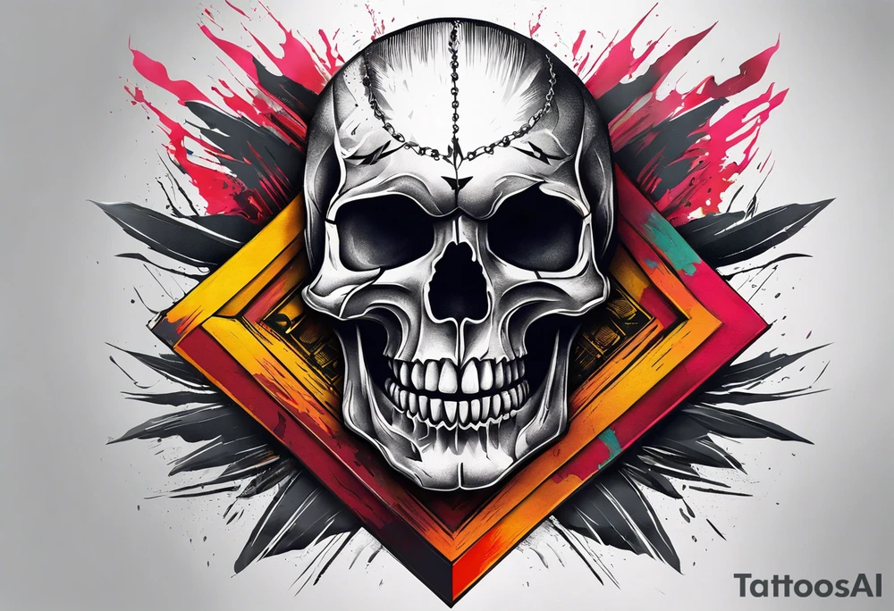 Design a tattoo concept that features a skull breaking free from censorship, symbolizing the fight for freedom of expression. The skull should be positioned on the neck, with bold lines and vibrant colors to represent the struggle against oppression. tattoo idea