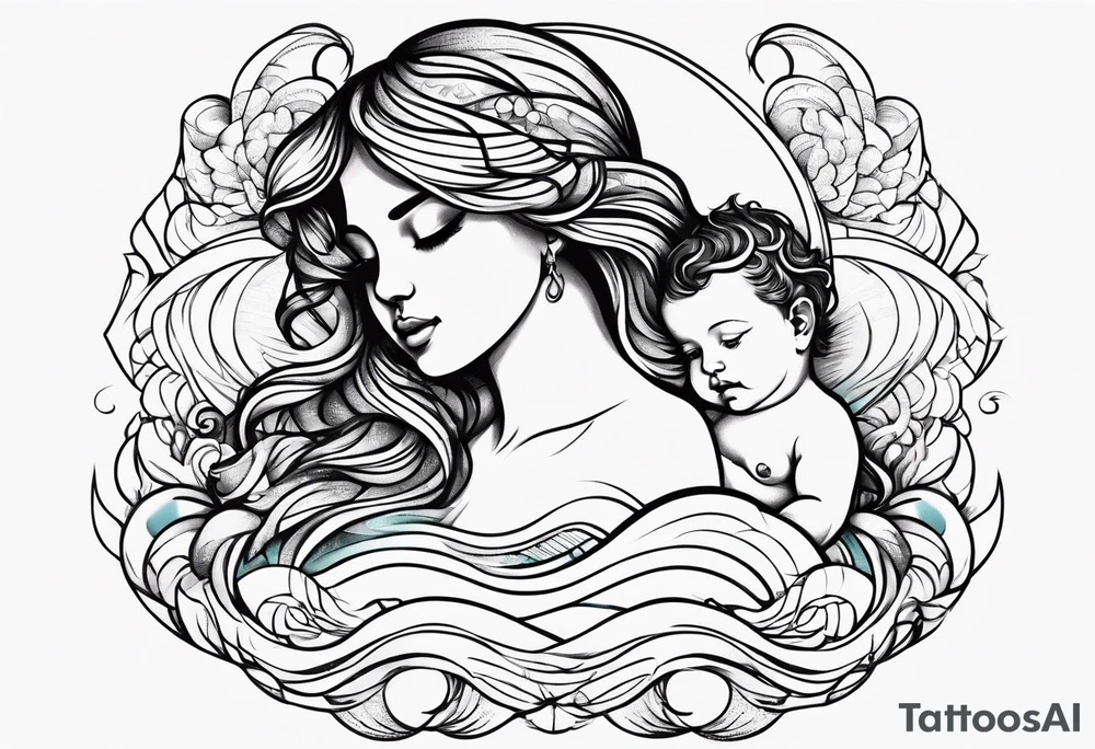 Wave and baby angel tattoo idea