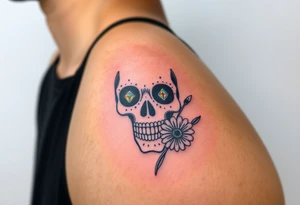 Masculine sugar skull with diamond gemstone eyes and daisy tattoo idea