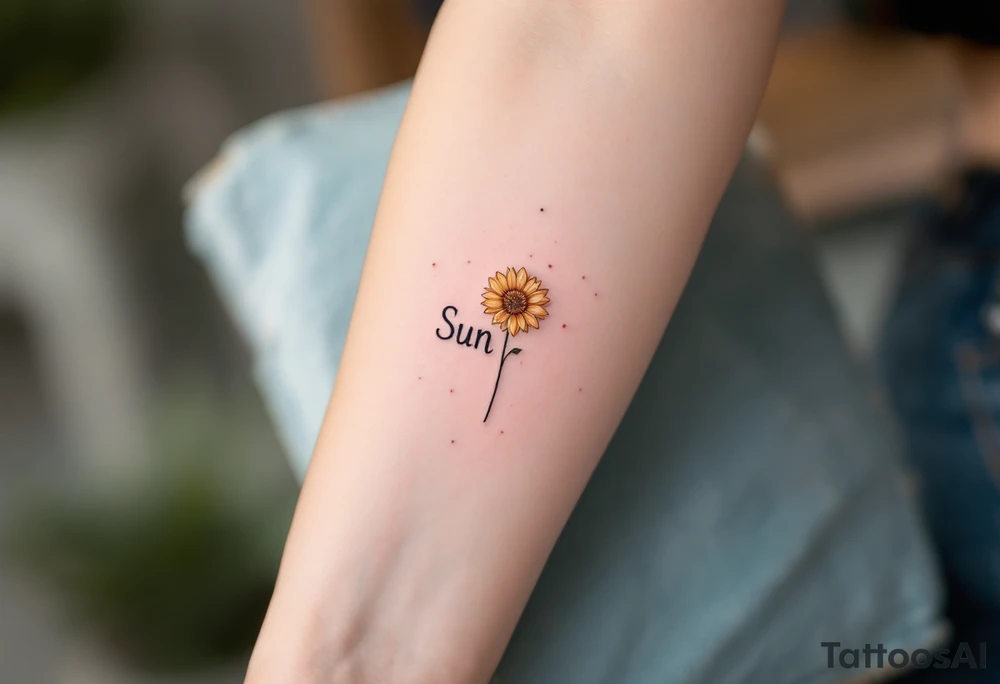 Word "Sun" written vertical with small sunflower in pink tattoo idea
