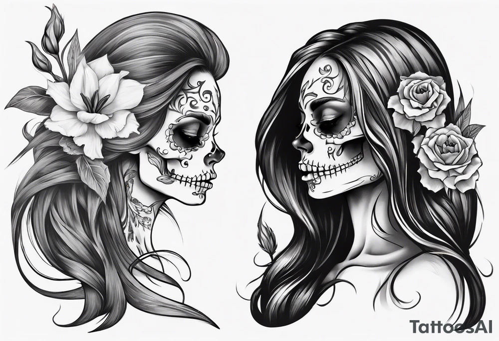 sideview of female skull with long hair and tulip bud in hair and catrina tattoo tattoo idea