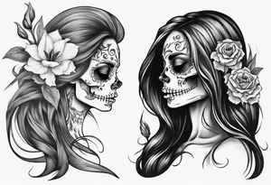 sideview of female skull with long hair and tulip bud in hair and catrina tattoo tattoo idea
