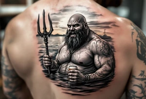 young, happy, fat, balding, poseidon in calm water, holding a trident, drinking a beer, with sunset, with ski boat, with no teeth tattoo idea