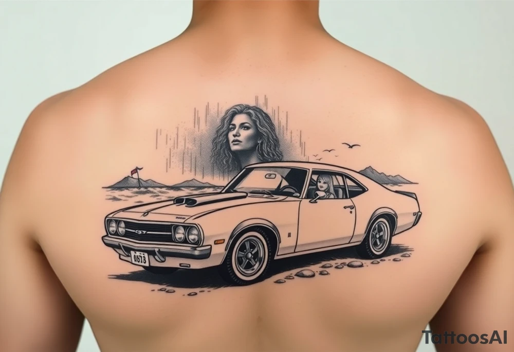 I want a sleeve that starts with a beach with dale Earnhardt car on the beach with a hot blonde 80’s girl with big hair on the hood. Then an ocean with big waves then a big dark sky with the Milky Way in it and Jimi Hendrix Stratocaster in the sky tattoo idea