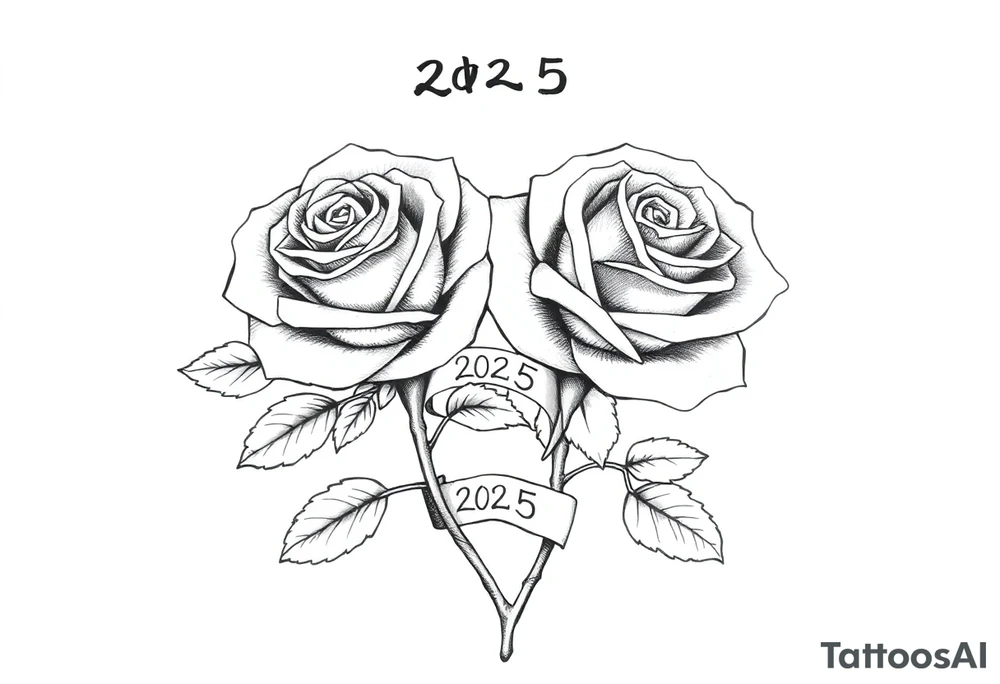 two beautiful rose buds, with many leaves and stems intertwined, representing two people in love. Include a small banner with "2025" on it.  The word "Rose" written in Kanji above the drawing. tattoo idea