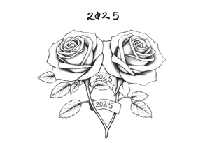 two beautiful rose buds, with many leaves and stems intertwined, representing two people in love. Include a small banner with "2025" on it.  The word "Rose" written in Kanji above the drawing. tattoo idea