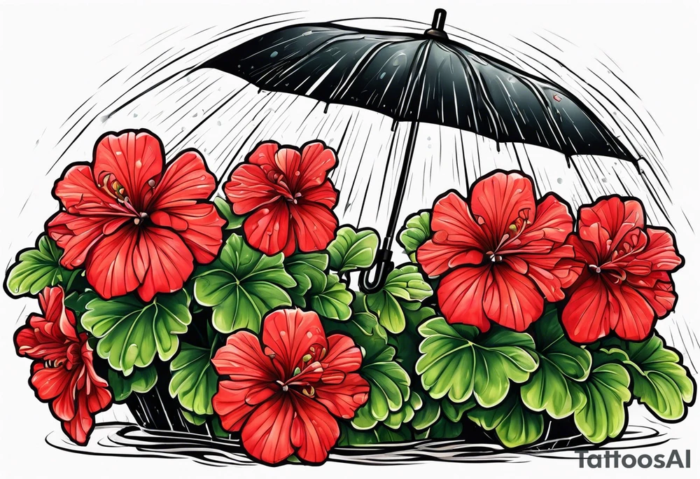 Red geraniums in the rain umbrella tattoo idea