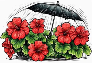 Red geraniums in the rain umbrella tattoo idea
