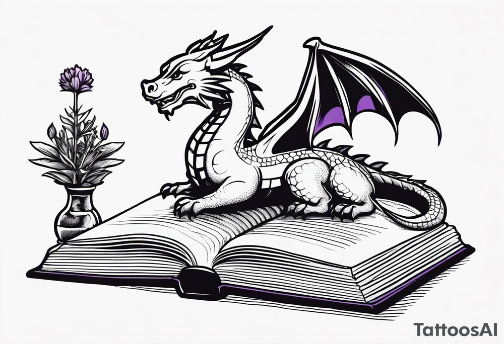 an open book. Above the book, a small dragon, flies. a pawn chess piece. Below the book, a cluster of lavender flowers tattoo idea