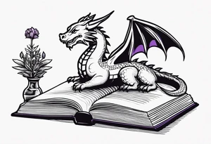 an open book. Above the book, a small dragon, flies. a pawn chess piece. Below the book, a cluster of lavender flowers tattoo idea