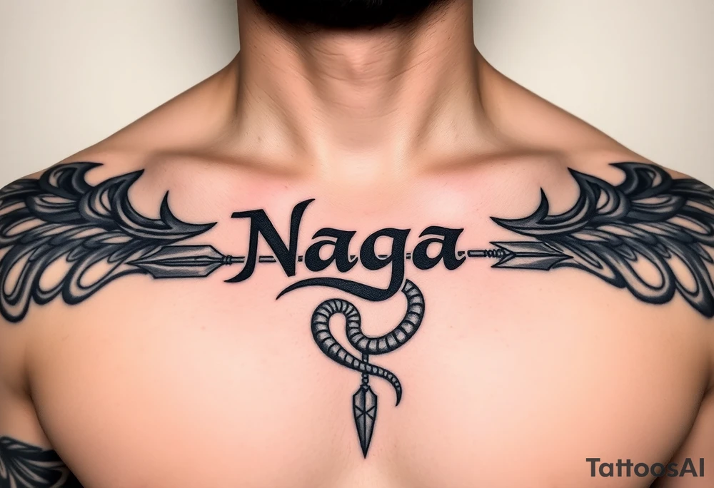 chest with naga lettering and arrow and snake tattoo idea
