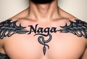 chest with naga lettering and arrow and snake tattoo idea