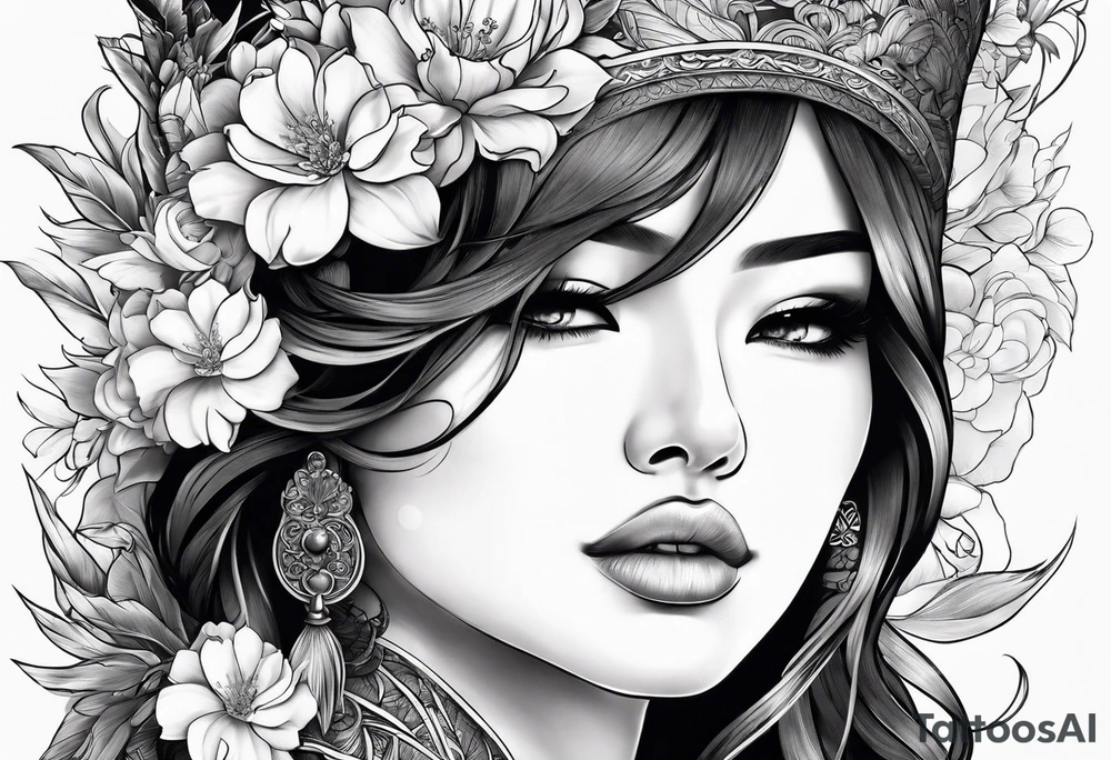 ornate beautiful woman warrior floral  tattoo tattoo idea