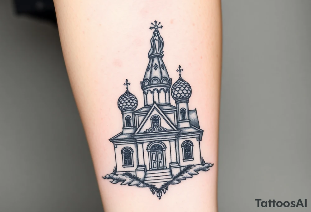 in a dorsal view a detailed medium sized country style orthodox church with onion domes and a band at the front with mist shrouding the top and fading into a virgin mary overlooking above at the top tattoo idea