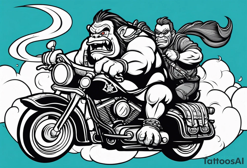 Ogre riding a Harley with ape hanger handlebars tattoo idea